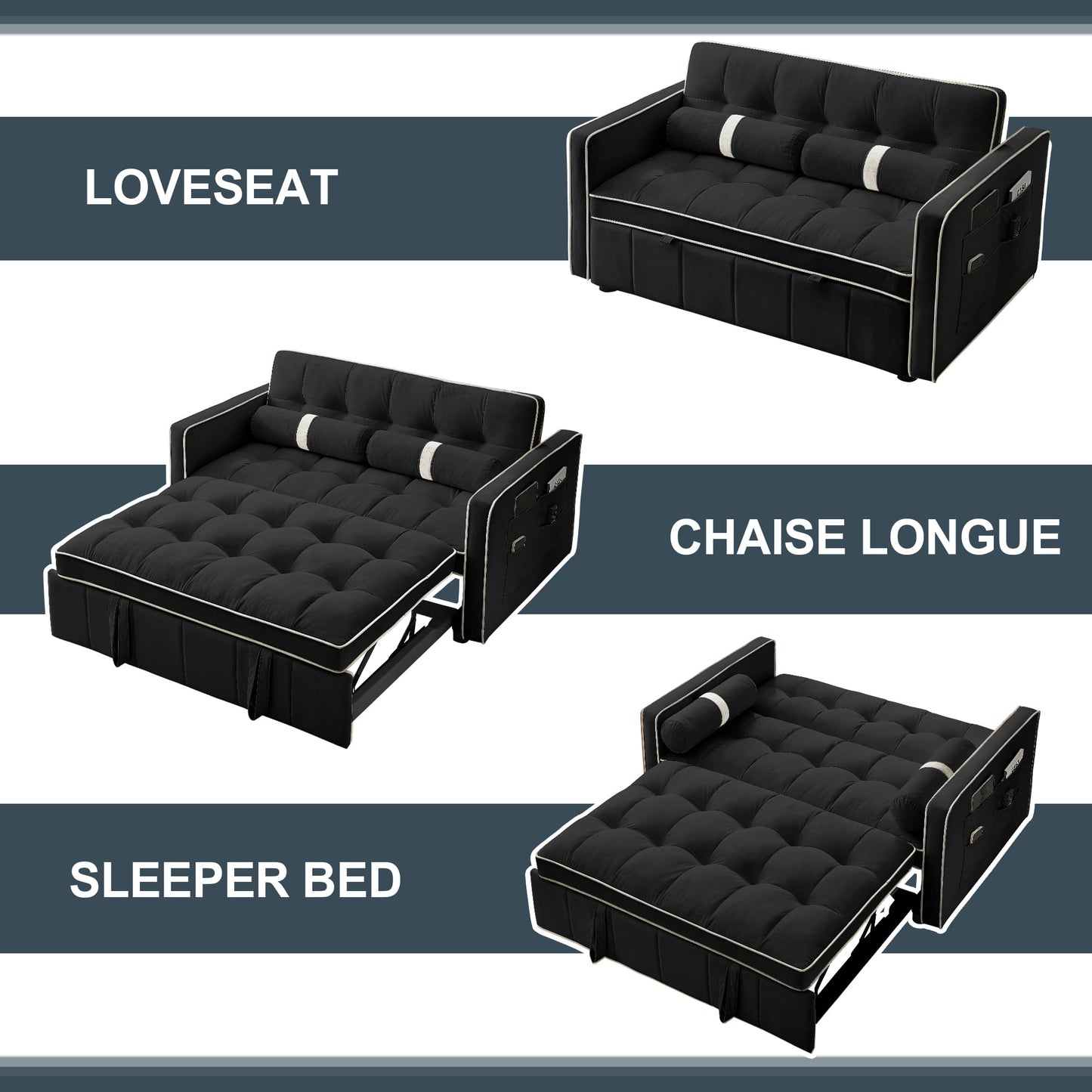 Muumblus 55.5" Pull Out Sleep Sofa Bed 2 Seater Loveseats Convertible Futon Sofa Bed with Adjsutable Backrest, Modern Velvet Sofa Couch for Living Room, Black