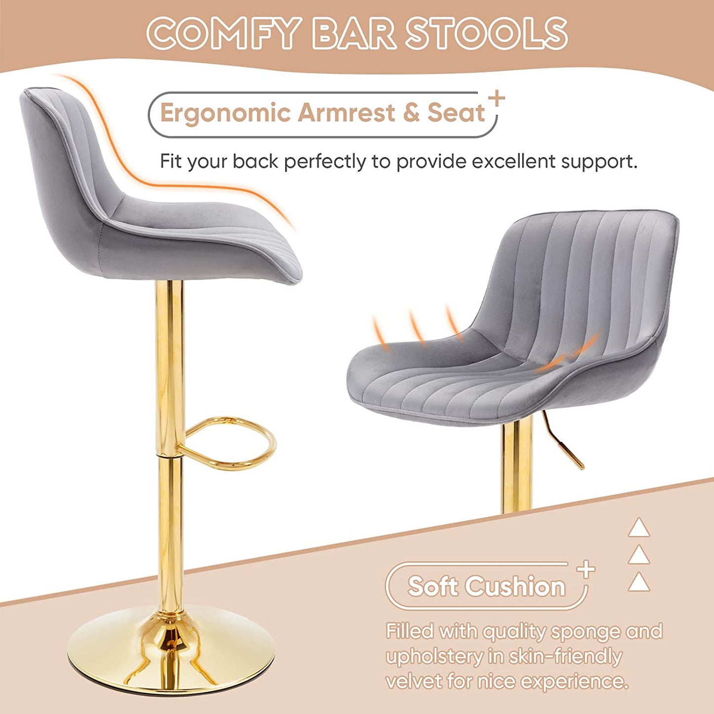 Bar Stools Set of 2, Muumblus Morden Velvet Counter Bar Height Stools with Shell Back, Adjustable 360 Degree Swivel Bar Chairs for Home, Kitchen Island