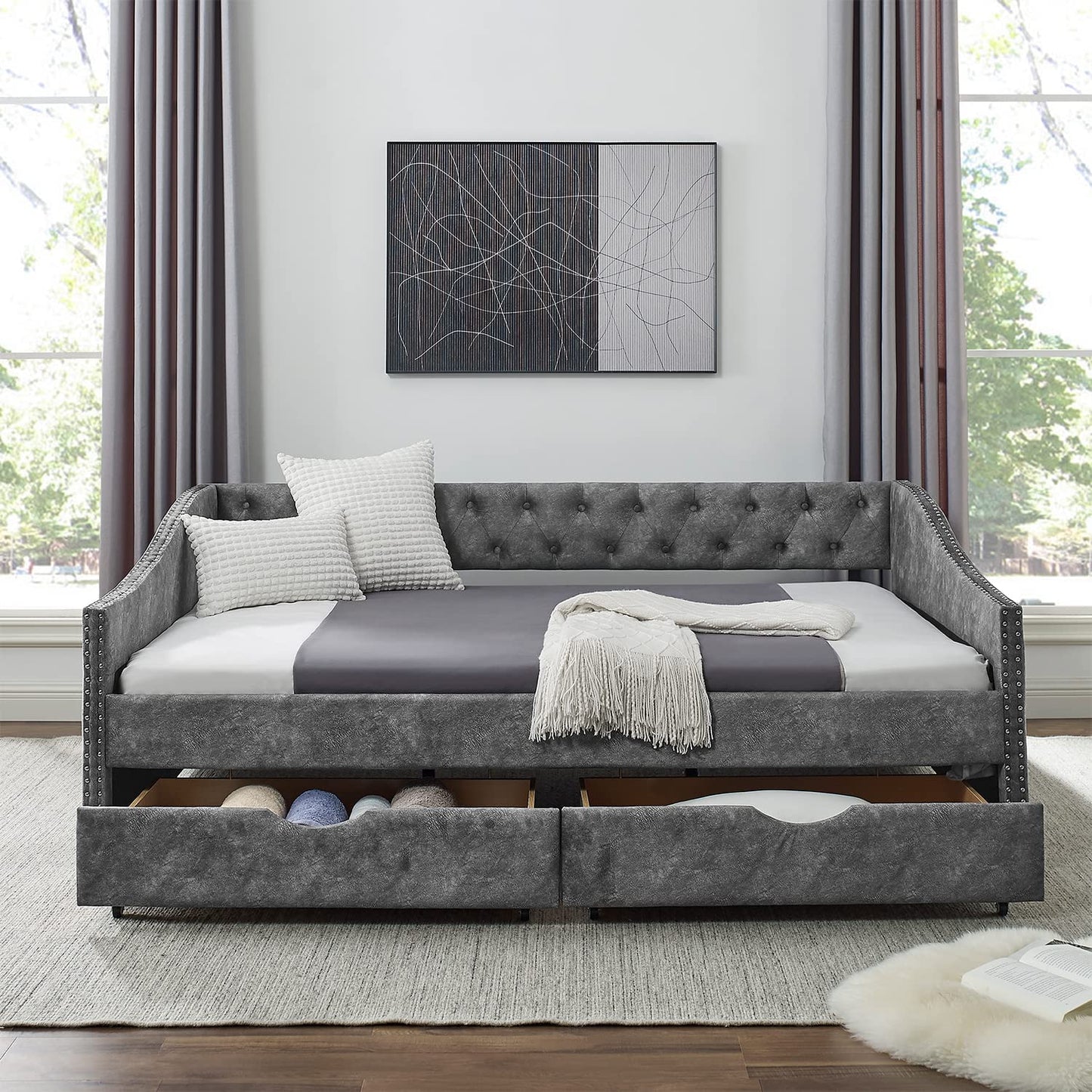 Muumblus Full Size Adult Daybed with Drawers, Modern Upholstered Tufted Sofa Bed for Bedroom & Living Room, Button Back and Waved Shape Arms, Gray