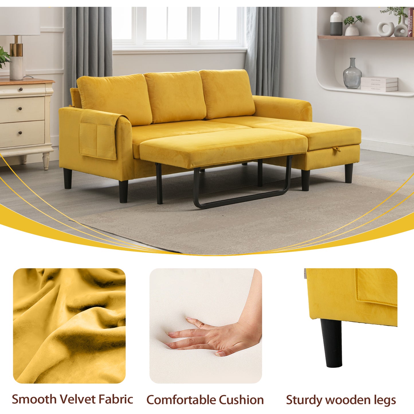 Muumblus Sectional Sleeper Sofa with Pull Out Bed, Modern Sectional Sofa with Storage Shaise, Queen Size Pull Out Sofa Bed for Living Room, Yellow Fabric