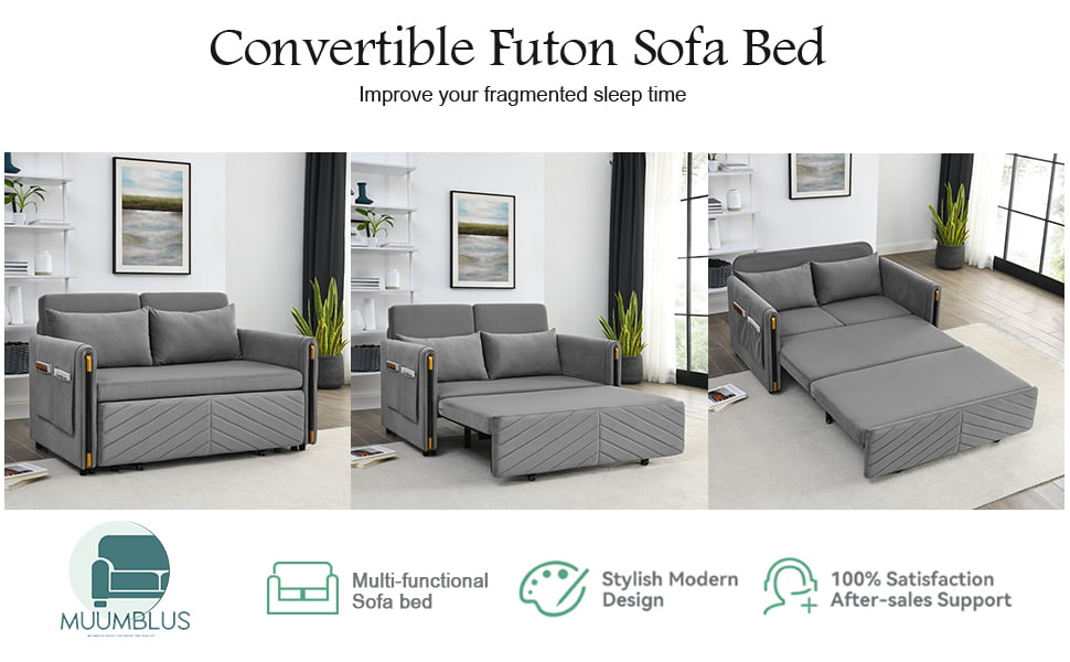 Muumblus 54" Pull Out Sleeper Sofa, Modern Velvet Convertible Loveseat Sleeper with Pull Out Bed for Living Room, Grey