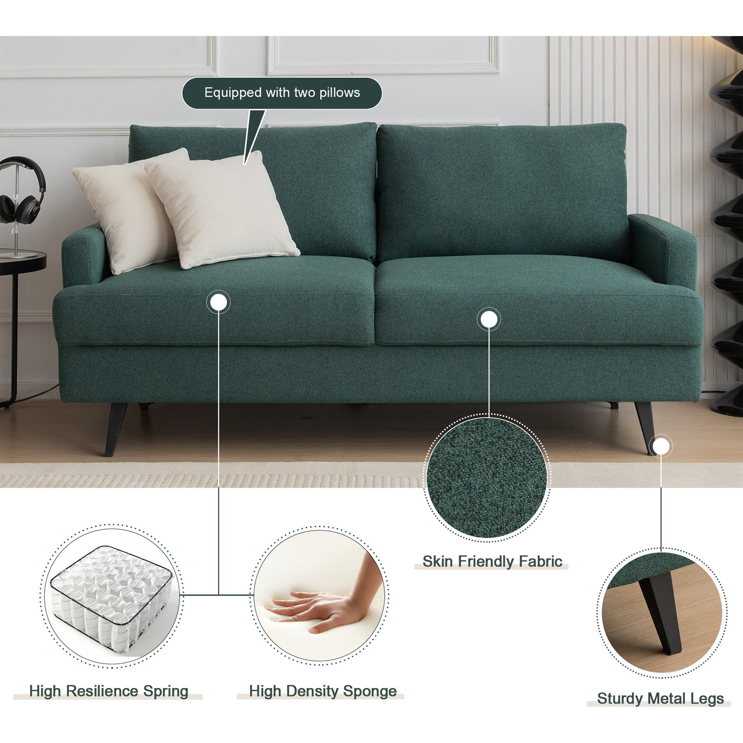 Muumblus 64" W Modern Upholstered Fabric Loveseat with Metal Legs and 2 Pillow, High Resilience Sponge Sofa Couch for Living Room, Green