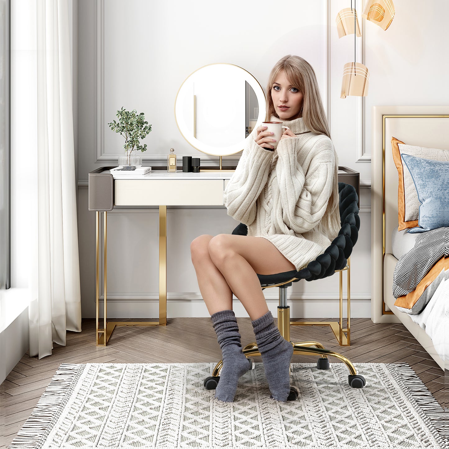 Muumblus Home Office Chair, Modern Woven Velvet Mid Back Armless Adjustable Swivel Task Chair for Small Space, Living Room, Make Up, Study, Beige