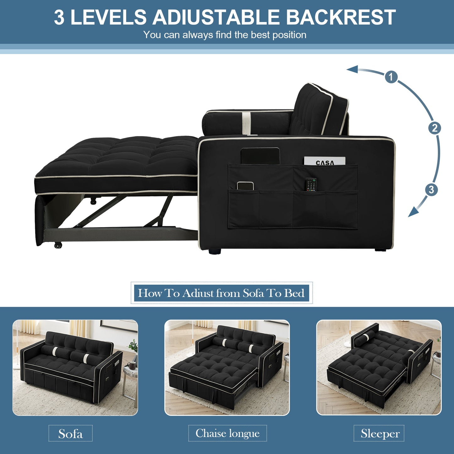 Muumblus 55.5" Pull Out Sleep Sofa Bed 2 Seater Loveseats Convertible Futon Sofa Bed with Adjsutable Backrest, Modern Velvet Sofa Couch for Living Room, Black