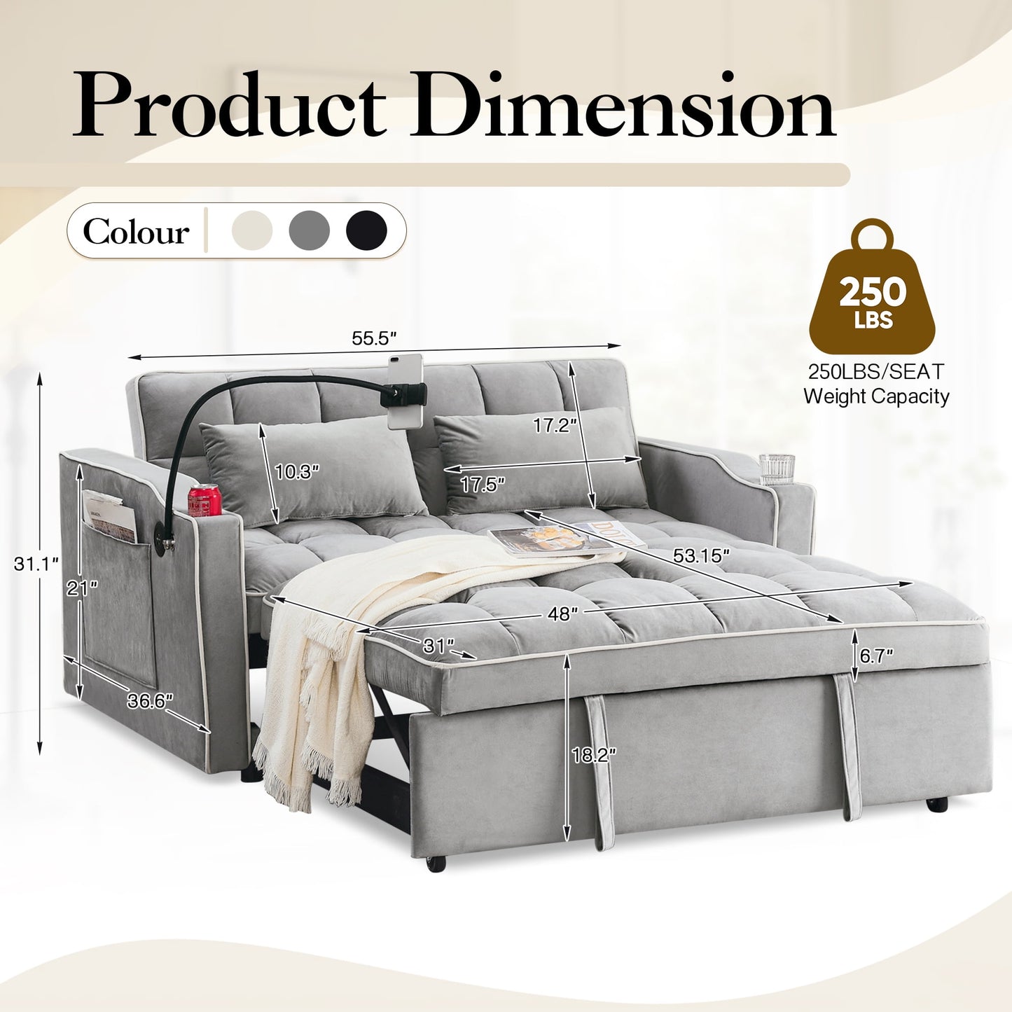 Muumblus 3-in-1 Convertible Futon Sofa Bed, Loveseat Sleeper with Phone Stand, USB, Gray Velvet