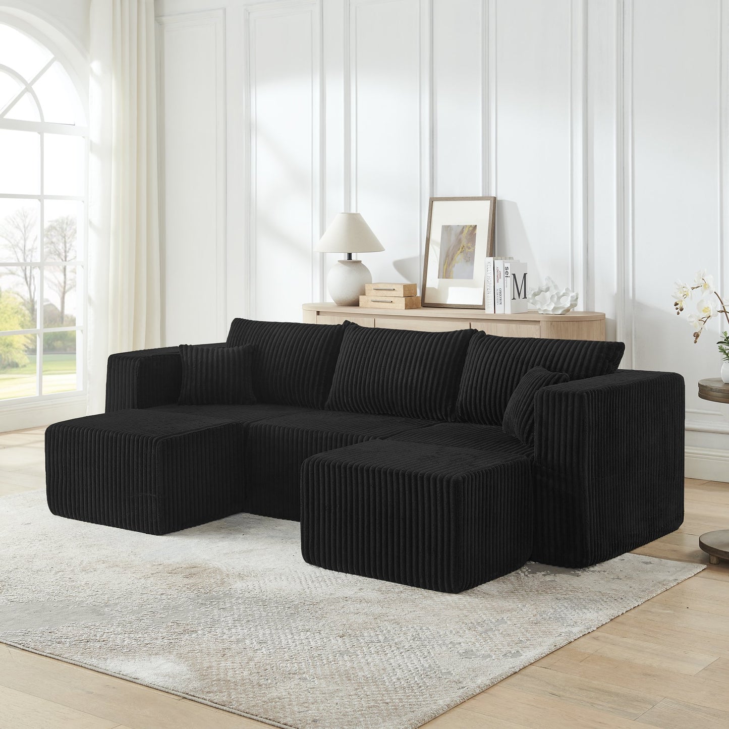 Muumblus U-Shaped Modular Sectional Sofa with 2 Movable Ottomans, Boneless Cloud Couch, No Assembly Sofa Set for Small Spaces, Living Room, Black Corduroy