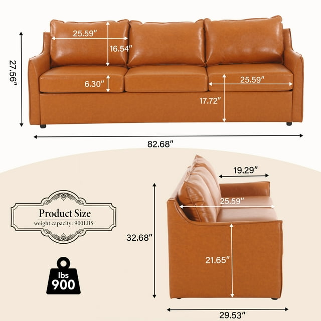 Muumblus 82.7"W Modern Mid-Century Faux Leather 3-Seater Sofa Couch for Living Room, Brown
