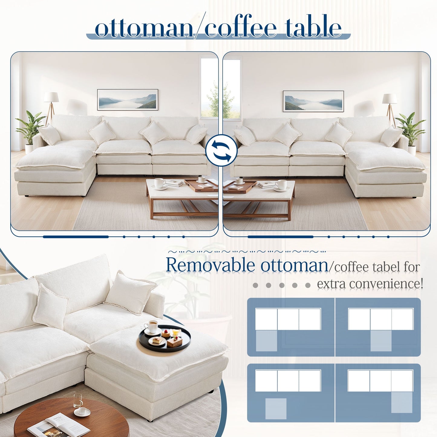 Muumblus Sectional Sofa Cloud Couch with Reversible Ottoman, L-Shaped Chenille Sofa for Living Rooms, Beige