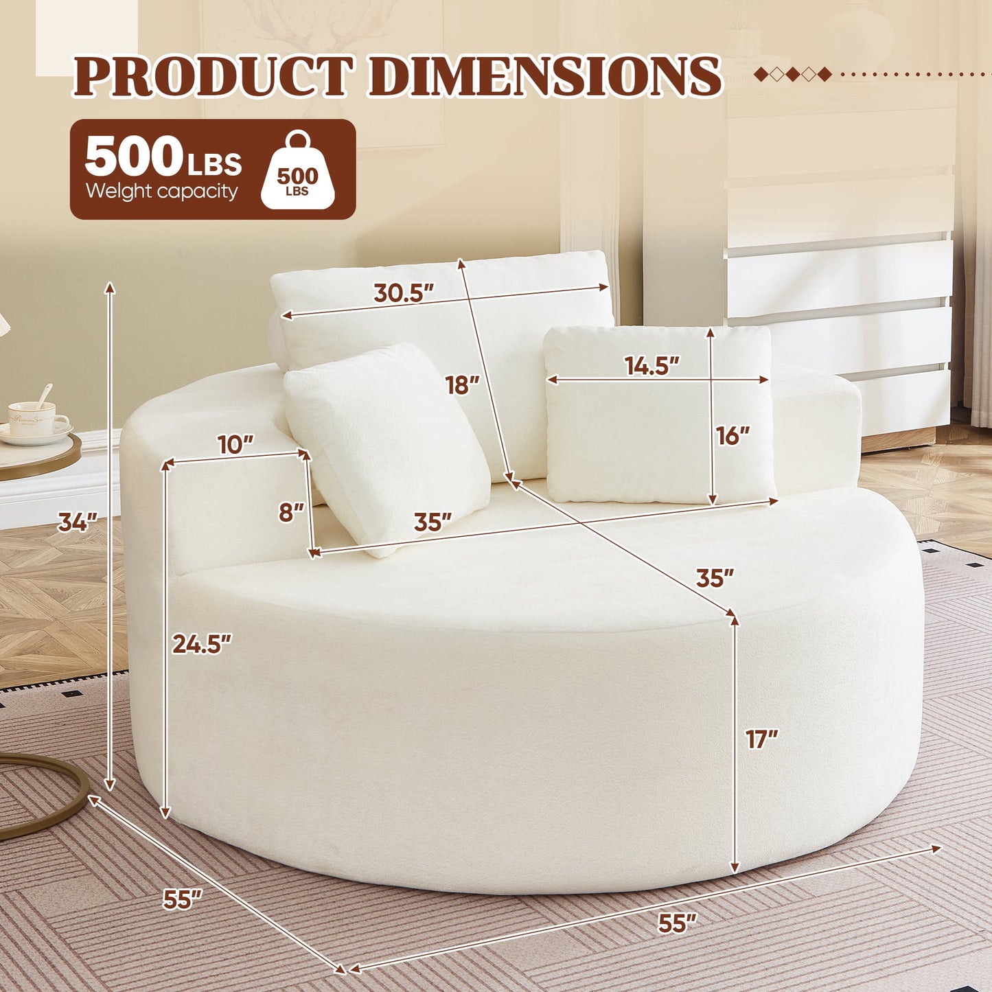 Muumblus Oversized Round Lounge Chaise Chair Indoor,Corduroy Boneless Cloud Couch with 3 Pillows, No Assembly Required, Modern Accent Chair for Living Room, Beige Chenille