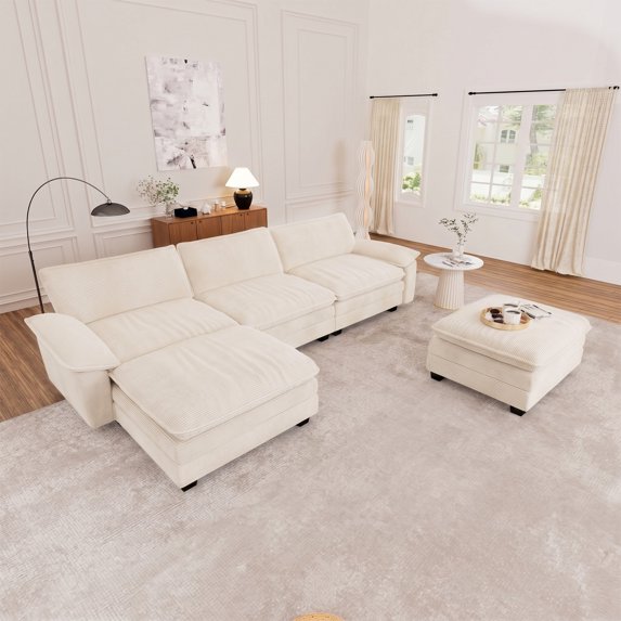 Muumblus Modular Sectional Cloud Sofa with 2 Ottoman, Oversized U-Shaped 3-seater Corduroy Couch for Living Room, Beige
