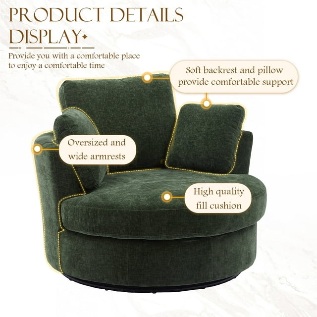 Muumblus 42.2"W Chenille Swivel Chair, Modern Oversize Accent Chair Barrel Chair Club Armchair Comfy Chair for Bedroom Living Room, Green