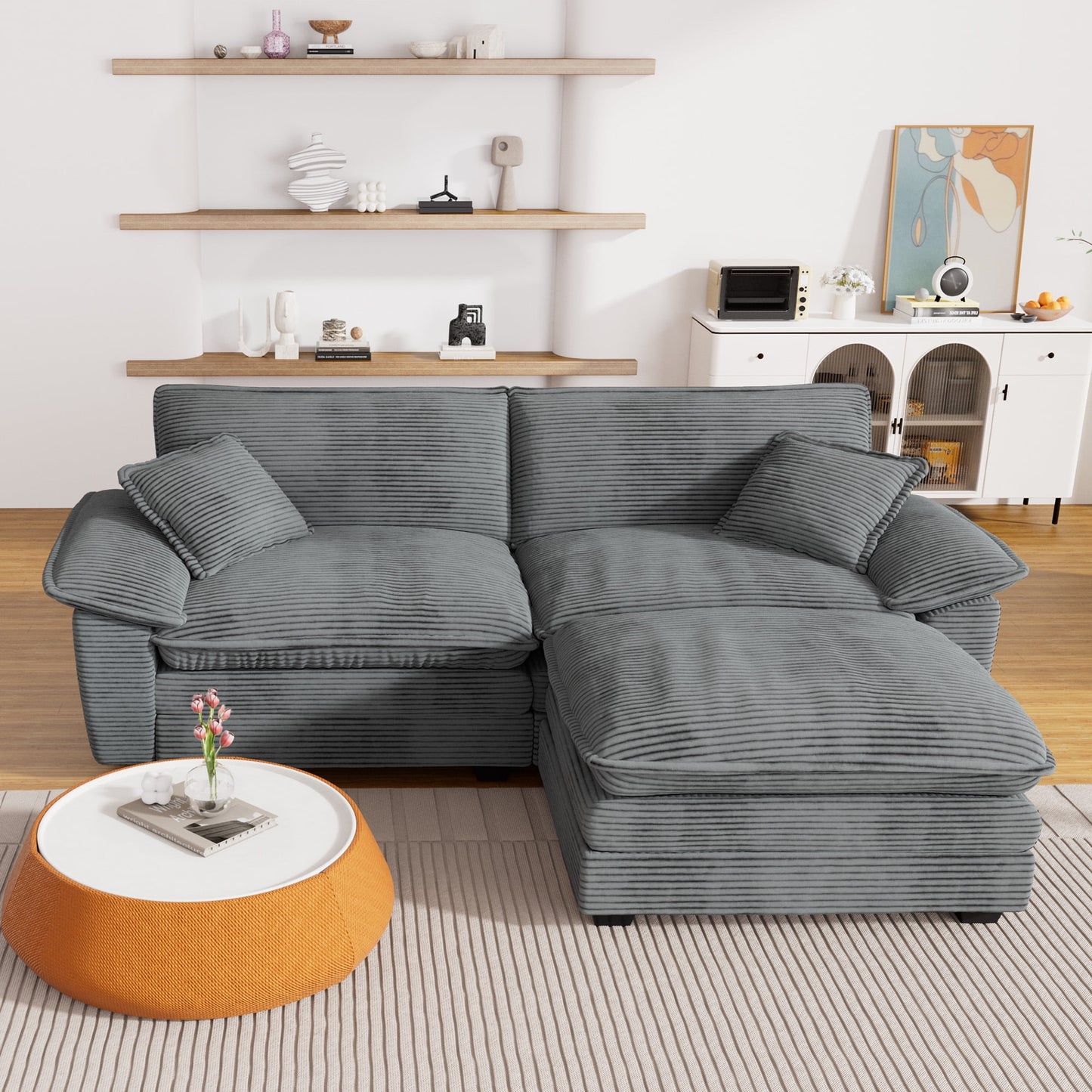 Muumblus Modular Sectional Cloud Couch with Reversible Ottoman, Oversized 2 Seats L-Shaped Corduroy Sofa for Living Room, 80.5 " Beige