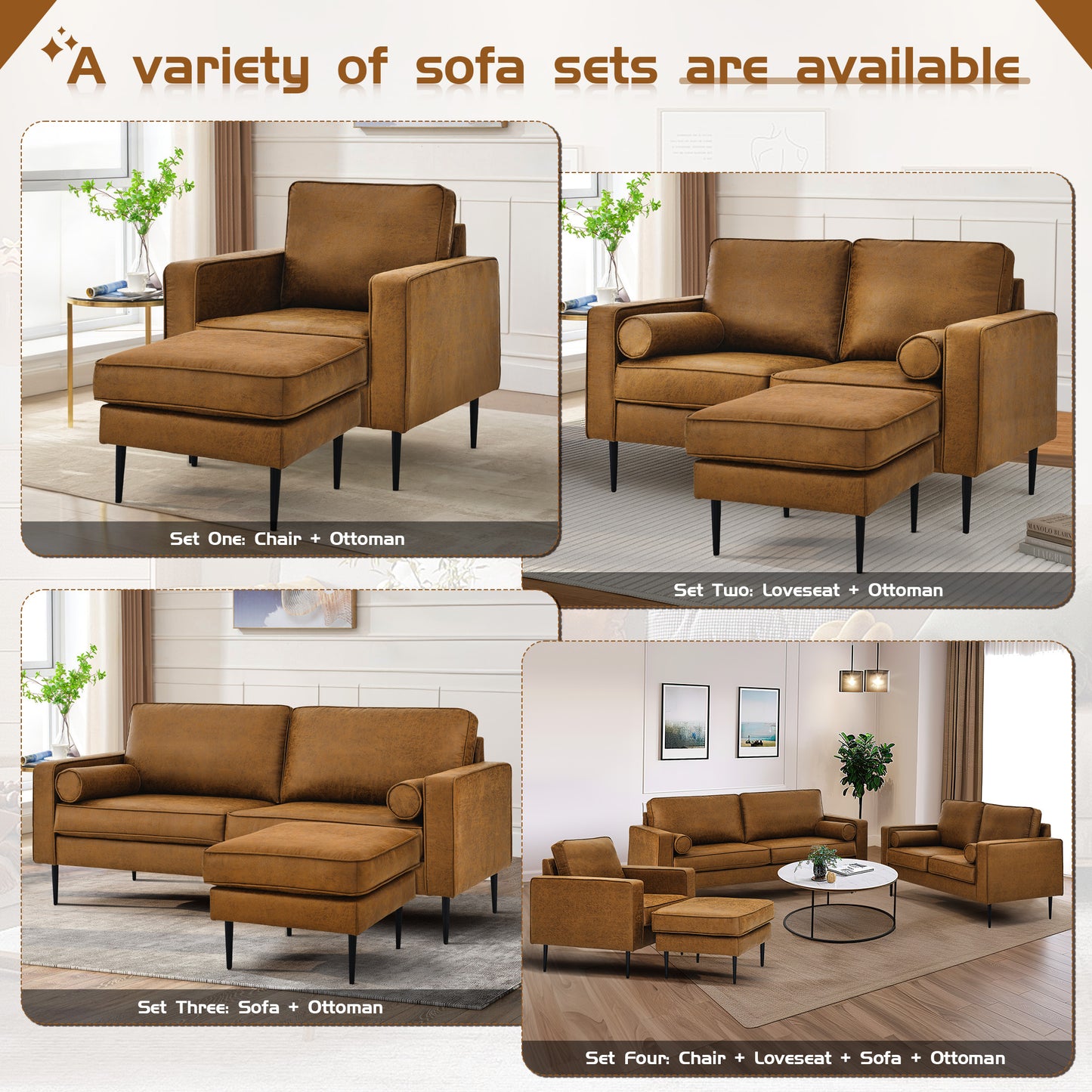 Muumblus Living Room Sectional Sofa with Chaise,3-Seater L Shaped Couch with Ottoman, Brown Faux Leather