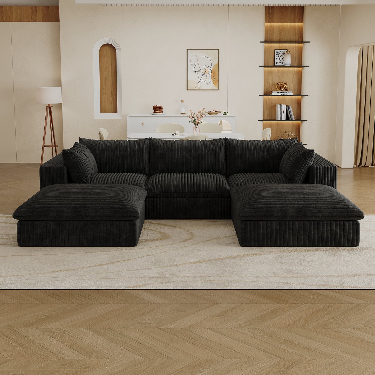 Muumblus Modular Sectional Sofa with Movable Ottoman, L-Shaped Deep Seat Corduroy Cloud Couch, No Assembly Boneless Couches for Living Room, White