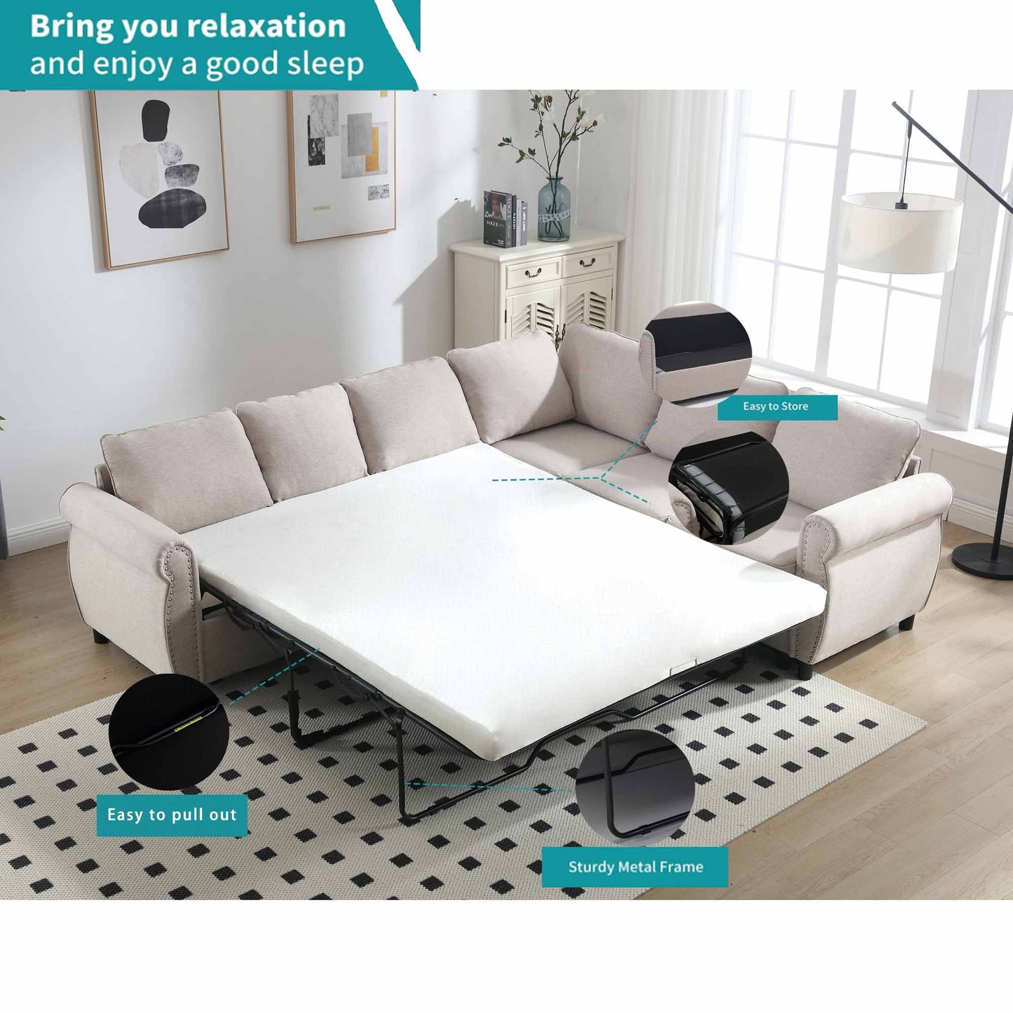 Muumblus Convertible Sectional Sleeper Sofa with Pull Out bed & Mattress, Futon Corner Couch for Living Room, Beige