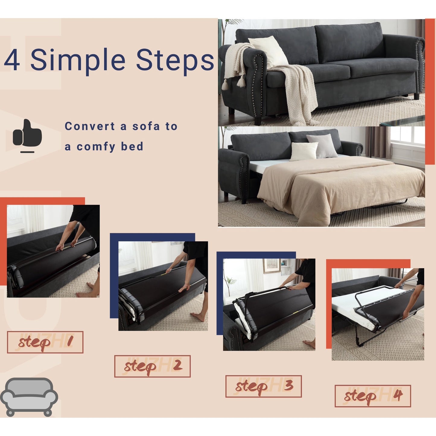 Muumblus Queen Size Sleeper Couch Bed with Memory Foam Mattress, 2-in-1 Convertible Pull Out Sofa Beds for Living Room, Bedroom