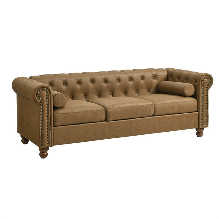 Muumblus 3-Seater Sofa for Living Room, 80.3" Chesterfield Tufted Sofa Couch, Brown Faux Leather
