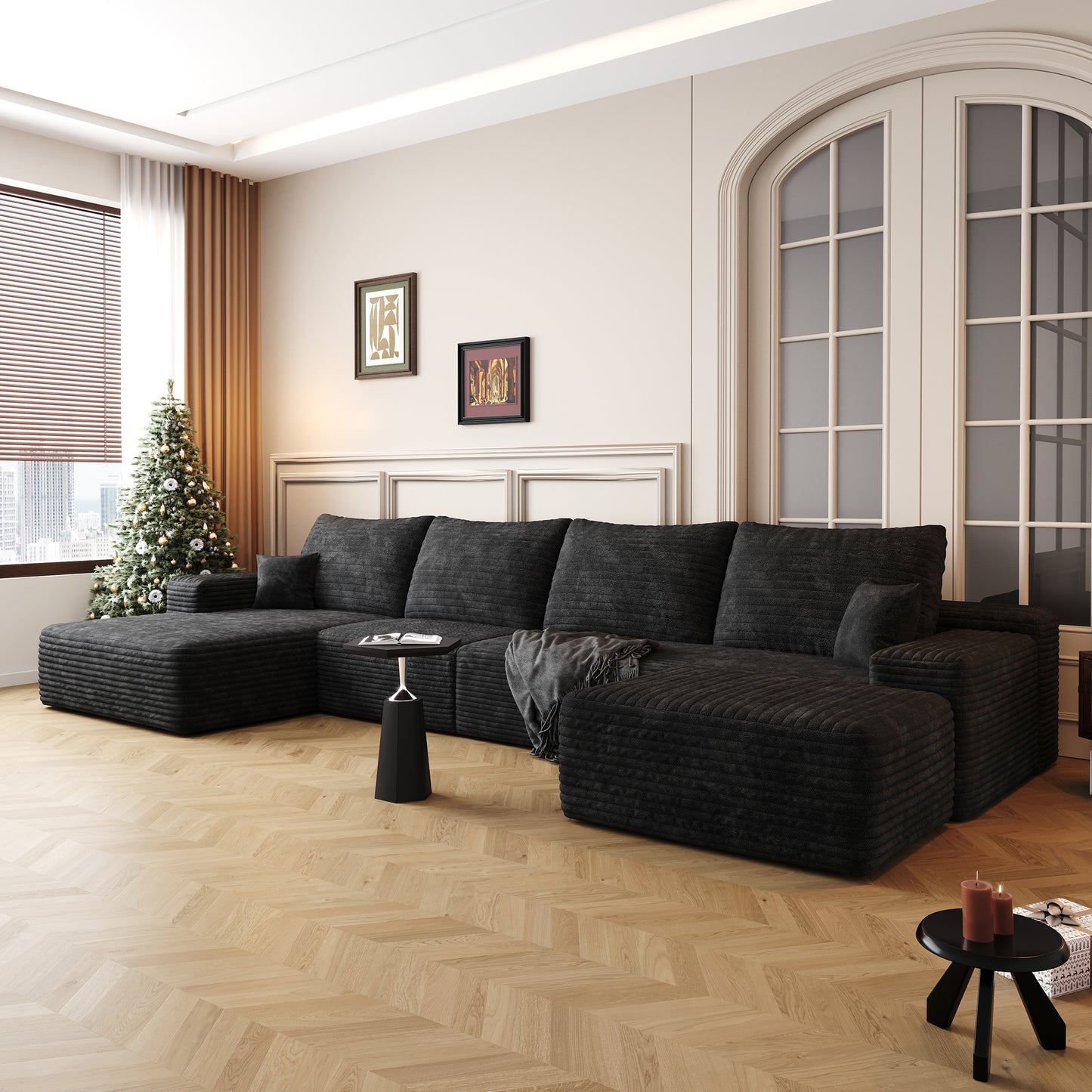 Muumblus 135" Cloud Sectional Sofa with Left Chaise, Cozy U-Shaped Modular Sofa with Ottoman, Plush Corduroy Sleeper Bed Couch, No Assembly Required, Black