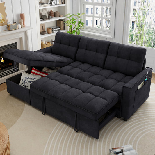 Muumblus Convertible Sofa Bed, Sectional Sleeper Sofa with Storage Chaise, L-Shaped Couch for Living Room, Black Chenille