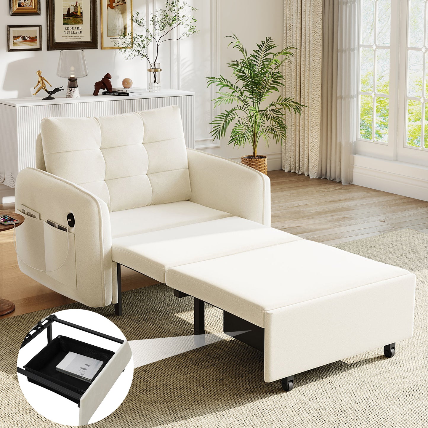 Muumblus 3-in-1 Convertible Chair Bed, 80" Extra Long Sleeper Lounge Chair with USB & Storage, Pull Out Sofa Bed for Living Room, Apt., Beige Chenille