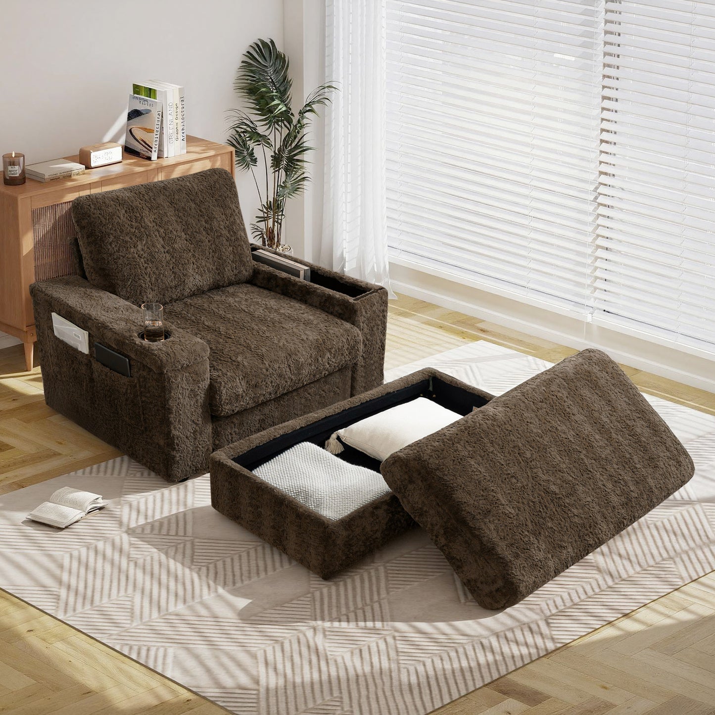 Muumblus 42" Chaise Lounge Indoor, Accent Armchair with Storage Ottoman & Armrests, Oversized Lounge Chair Sleeper Chair for Living Room, Gray Faux Rabbit Fur