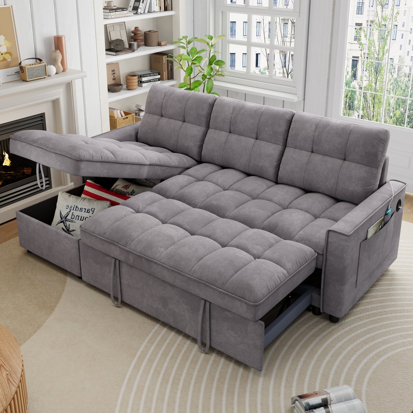 Muumblus Convertible Sofa Bed, Sectional Sleeper Sofa with Storage Chaise, L-Shaped Couch for Living Room, Black Chenille