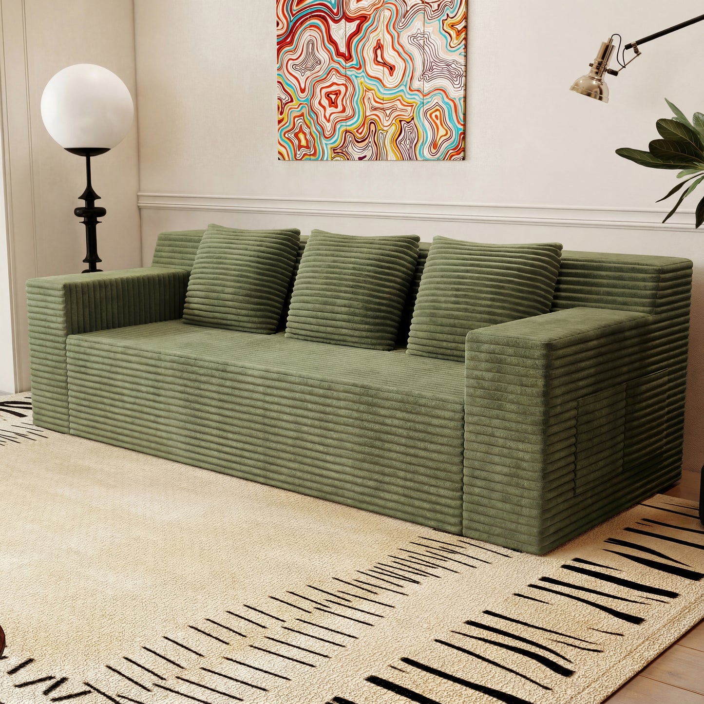 Muumblus 71" Boneless Sofa with Square Arms, Living Room Upholstered Deep Seat Couch with Pocket, Dark Gray Corduroy