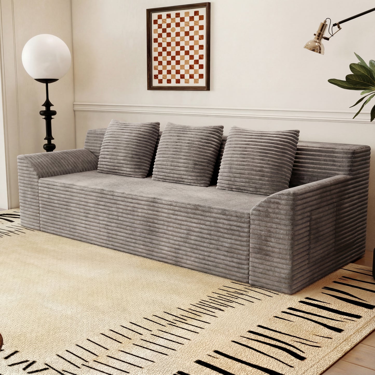 Muumblus 71" Boneless Sofa with Square Arms, Living Room Upholstered Deep Seat Couch with Pocket, Dark Gray Corduroy