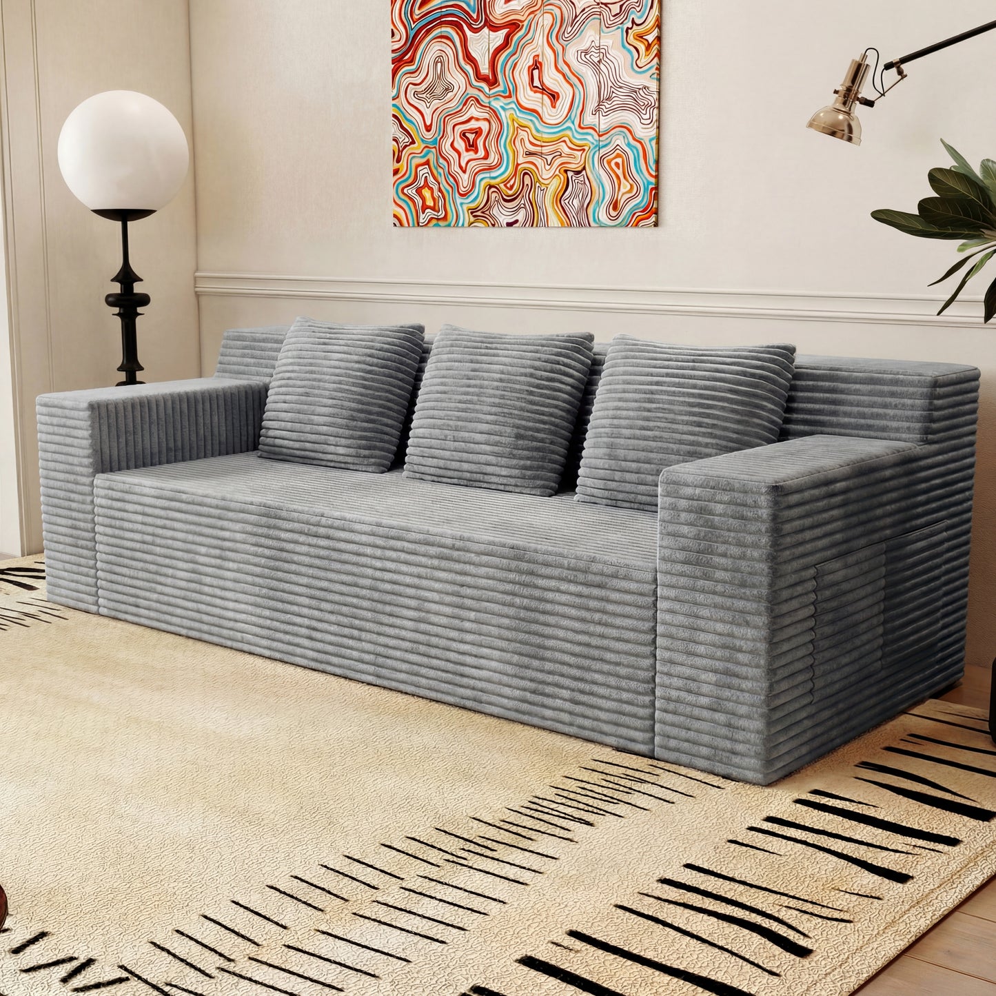 Muumblus 71" Boneless Sofa with Square Arms, Living Room Upholstered Deep Seat Couch with Pocket, Dark Gray Corduroy