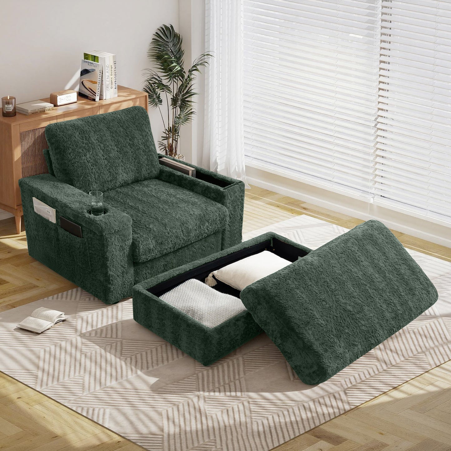 Muumblus 42" Chaise Lounge Indoor, Accent Armchair with Storage Ottoman & Armrests, Oversized Lounge Chair Sleeper Chair for Living Room, Gray Faux Rabbit Fur