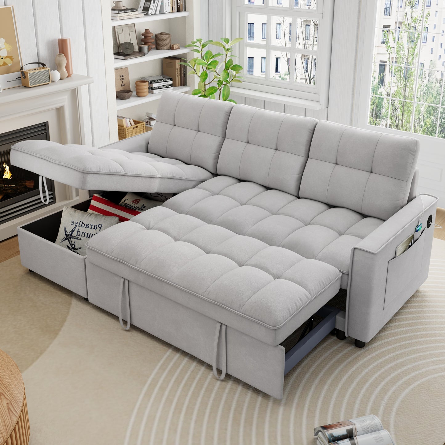 Muumblus Convertible Sofa Bed, Sectional Sleeper Sofa with Storage Chaise, L-Shaped Couch for Living Room, Black Chenille