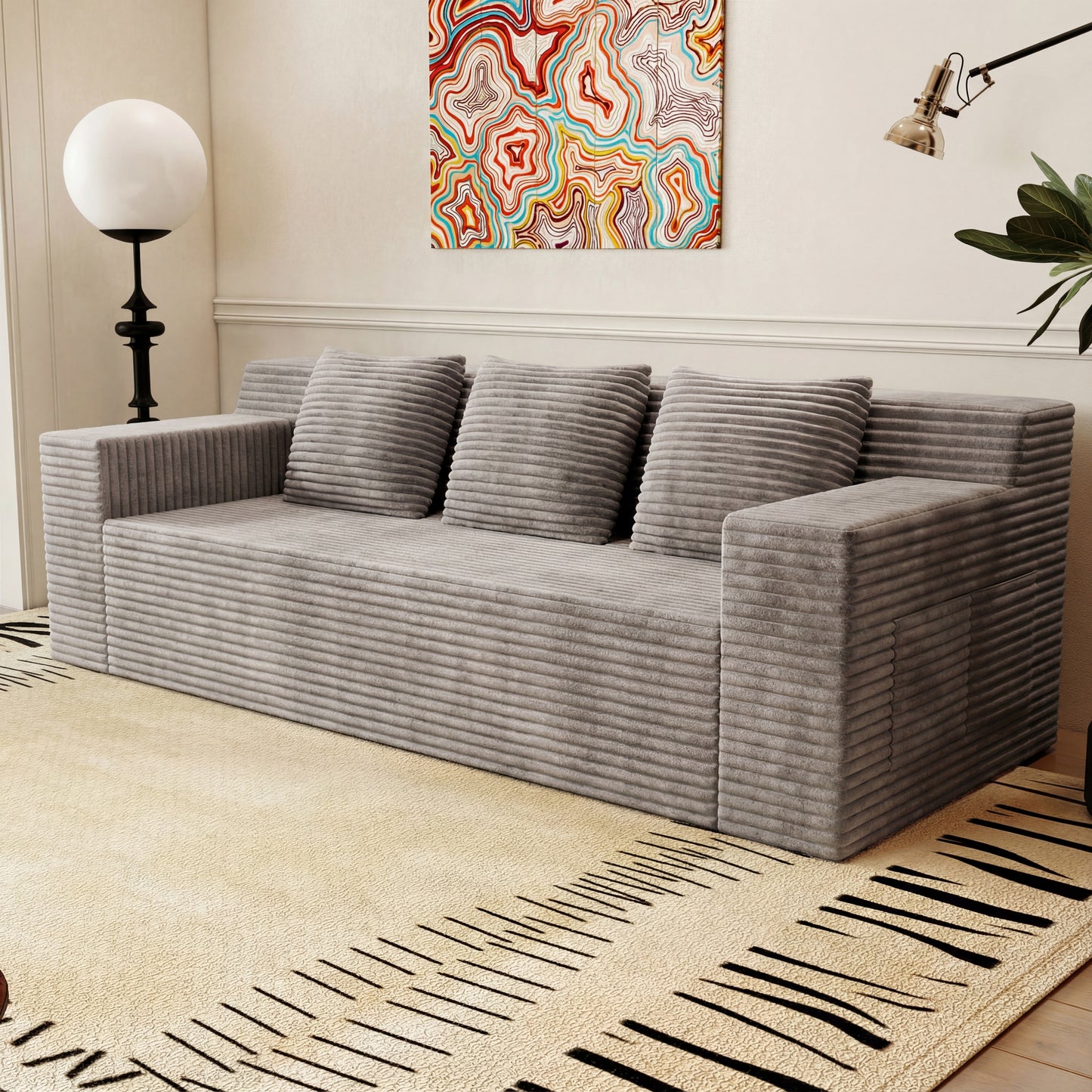 Muumblus 71" Boneless Sofa with Square Arms, Living Room Upholstered Deep Seat Couch with Pocket, Dark Gray Corduroy