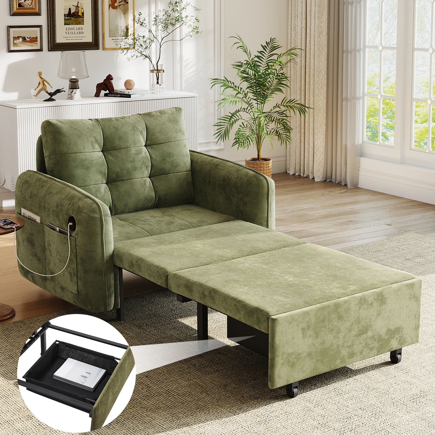 Muumblus 3-in-1 Convertible Chair Bed, 80" Extra Long Sleeper Lounge Chair with USB & Storage, Pull Out Sofa Bed for Living Room, Apt., Beige Chenille