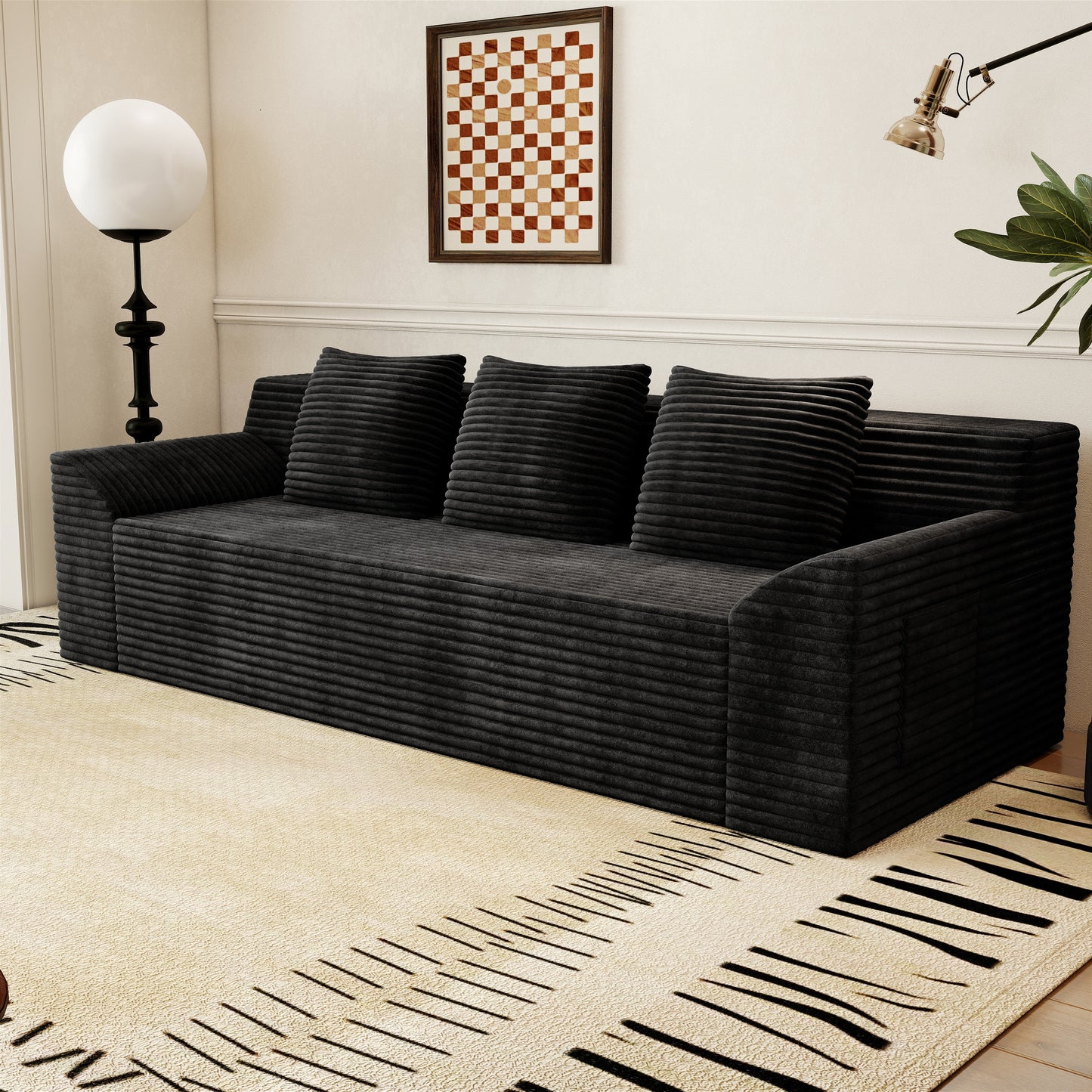 Muumblus 71" Boneless Sofa with Square Arms, Living Room Upholstered Deep Seat Couch with Pocket, Dark Gray Corduroy
