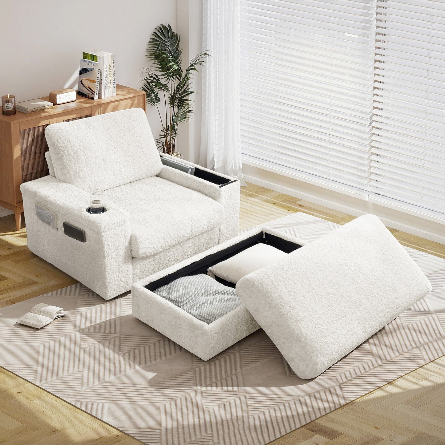 Muumblus 42" Chaise Lounge Indoor, Accent Armchair with Storage Ottoman & Armrests, Oversized Lounge Chair Sleeper Chair for Living Room, Gray Faux Rabbit Fur