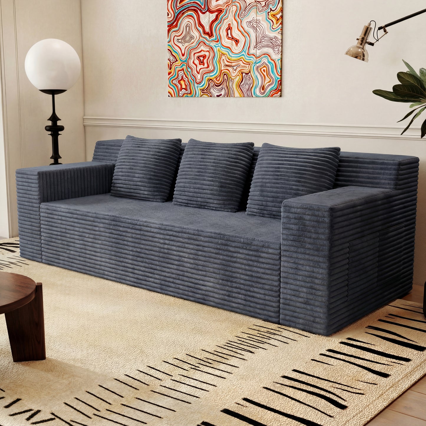 Muumblus 71" Boneless Sofa with Square Arms, Living Room Upholstered Deep Seat Couch with Pocket, Dark Gray Corduroy