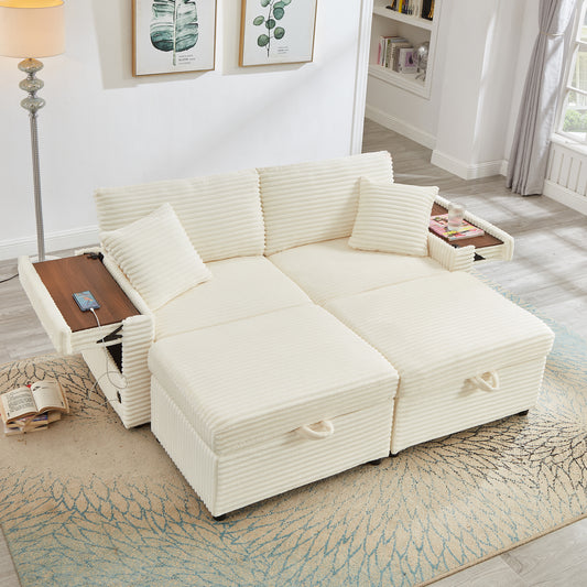 Muumblus Modular Sectional Sofa with 2 Storage Ottomans, 2 Side Tables & USB, Cozy Double Chaise Lounge Cloud Sofa, Plush Corduroy Sleeper Bed Couch for Living Room, White
