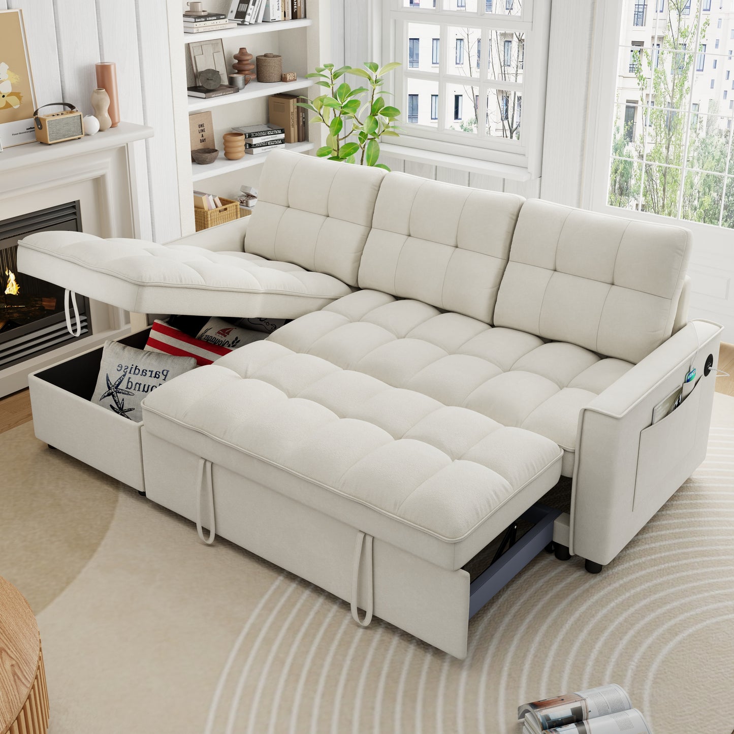 Muumblus Convertible Sofa Bed, Sectional Sleeper Sofa with Storage Chaise, L-Shaped Couch for Living Room, Black Chenille