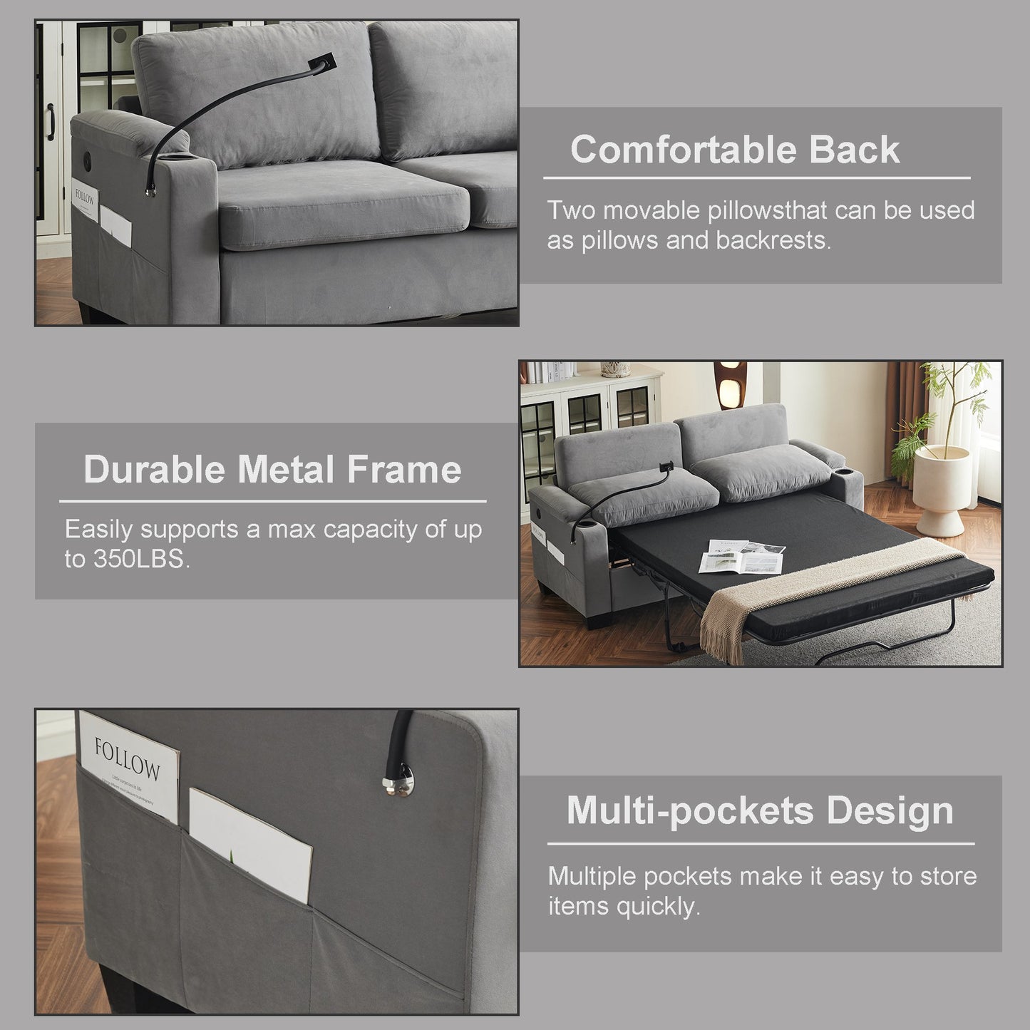 Muumblus 2-in-1 Convertible Sleeper Couch Bed with Memory Foam Mattress, 2-in-1 Pull Out Sofa Beds for Living Room, Bedroom