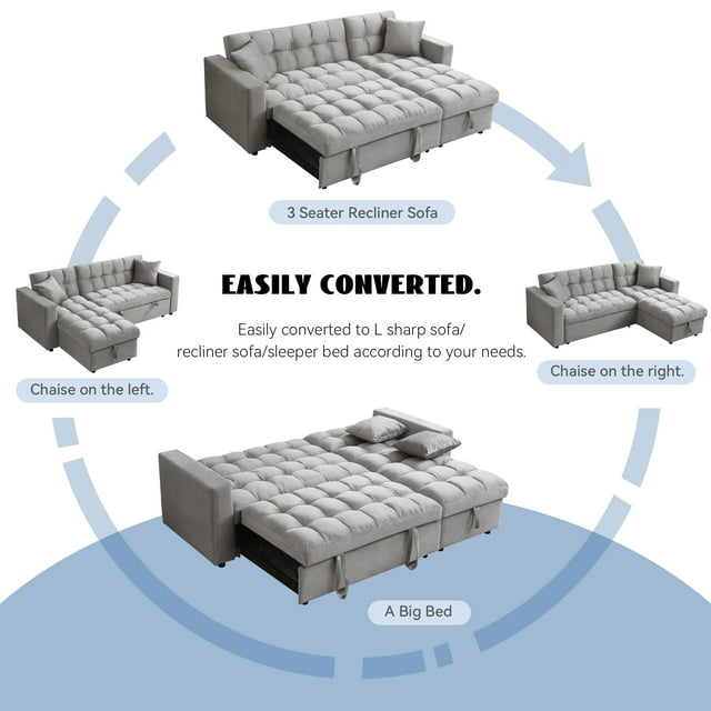 Muumblus 84" Convertible Sleeper Sofa Bed with Storage Chaise, L-Shaped Sectional Sofa, Queen Size Pull Out Sofa Bed in Gray Velvet