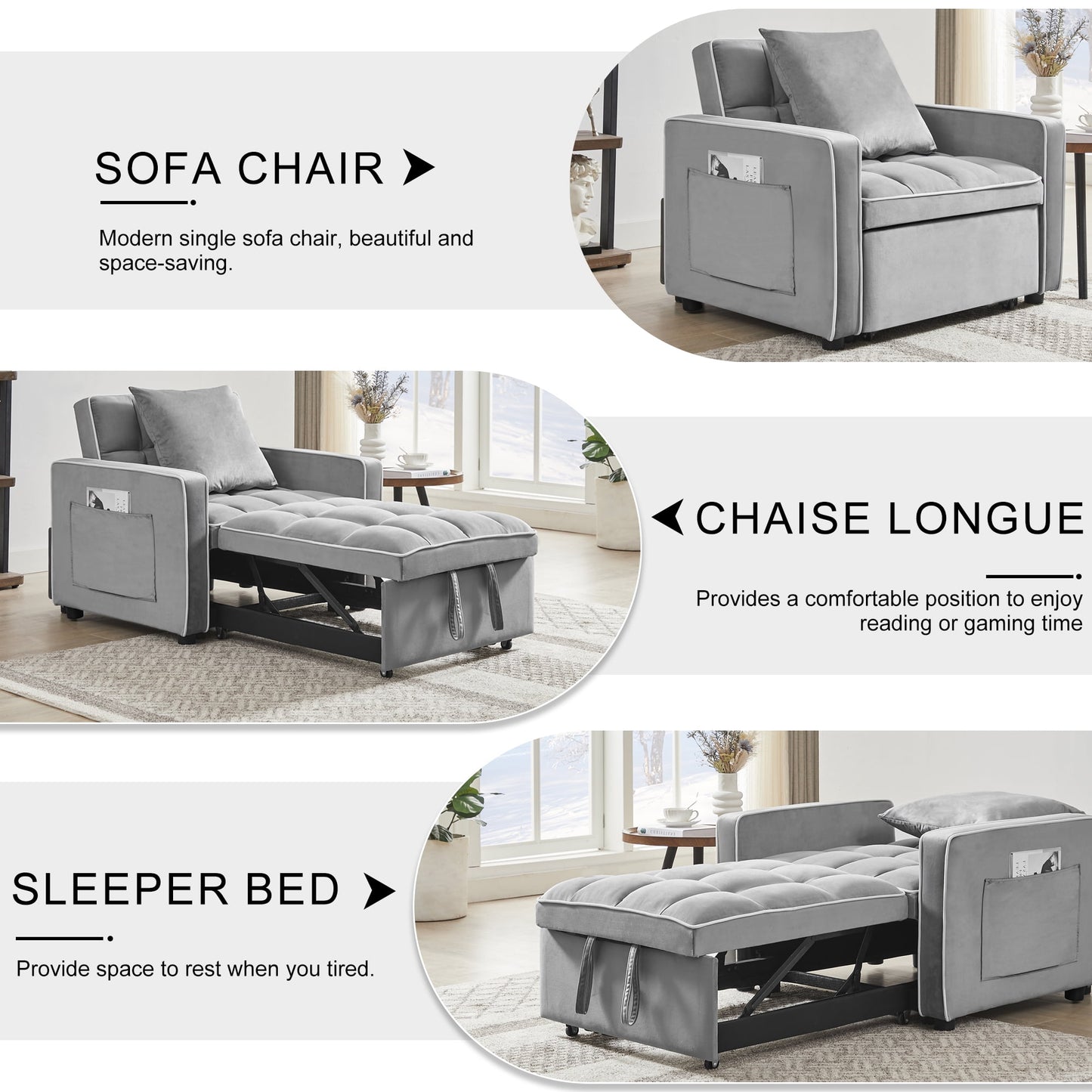 Muumblus Sleeper Sofa Chair Bed, 3-in-1 Convertible Sofa Chair