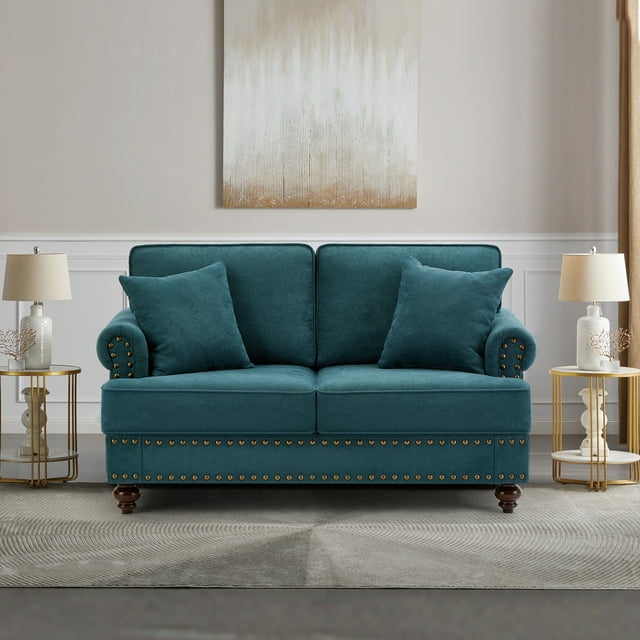 Muumblus 61" W Mid-Century Loveseat Sofa with Nailhead, 2 Seater Sofa for Living Room, Lake Green Chenille Fabric