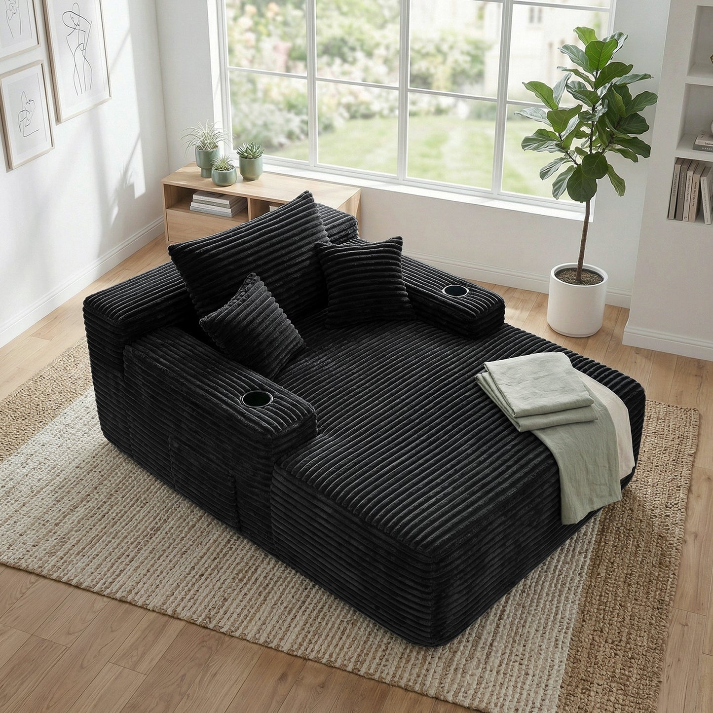 Muumblus Oversized Chaise Lounge Indoor, Upholstered Lounge Chair with Cup Holders, No Assembly Cloud Sleeper Sofa Bed, Gray Corduroy