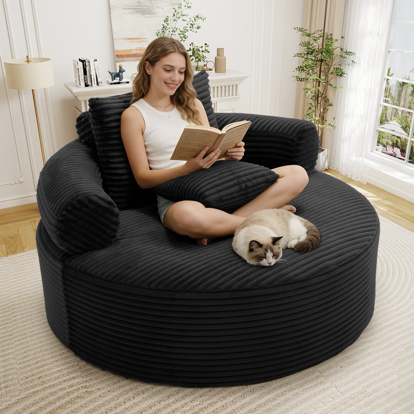 Muumblus 55" Indoor Round Lounge Chair, Oversized Boneless Accent Barrel Chair, Black Corduroy