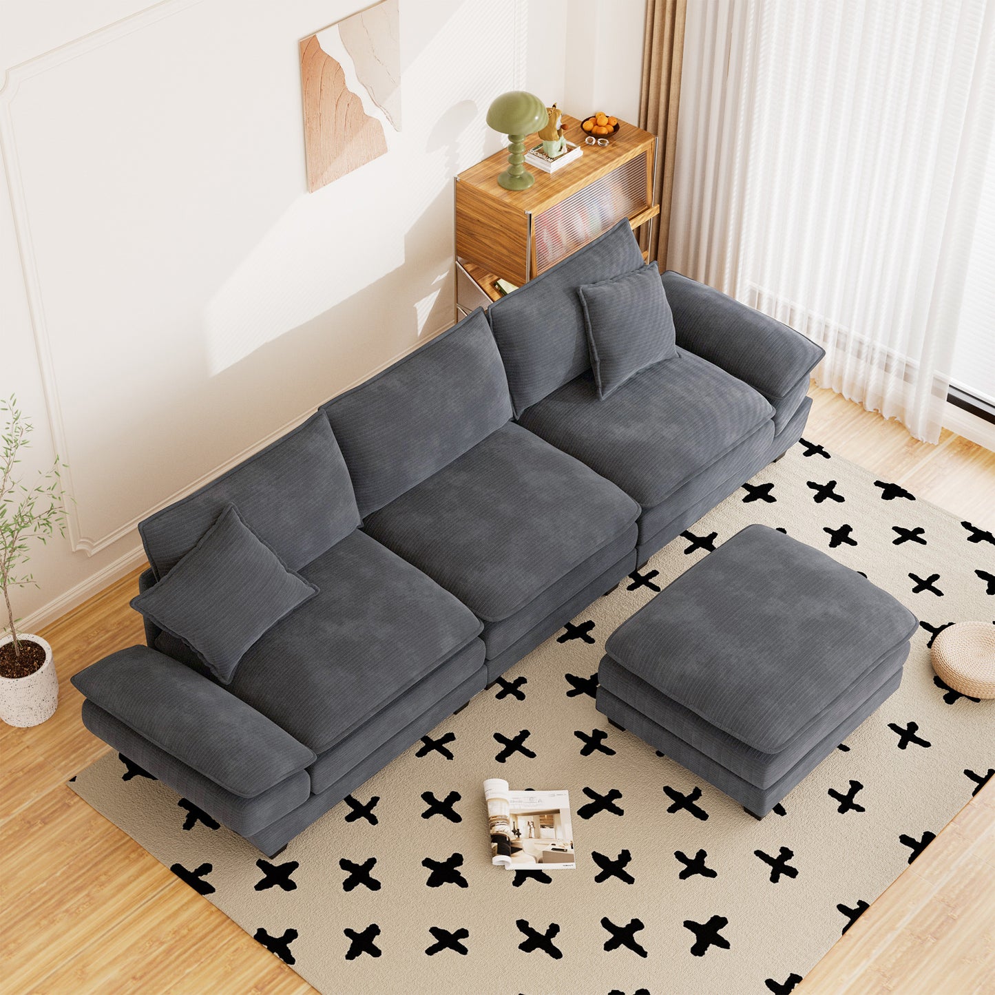Muumblus 108" Modular Sectional Sofa with Ottoman, L-Shaped Couch with Chaise, Corduroy Sleeper Couch for Living Room, Black