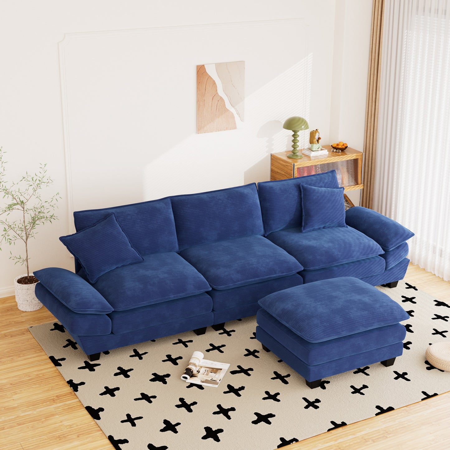 Muumblus 108" Modular Sectional Sofa with Ottoman, L-Shaped Couch with Chaise, Corduroy Sleeper Couch for Living Room, Black