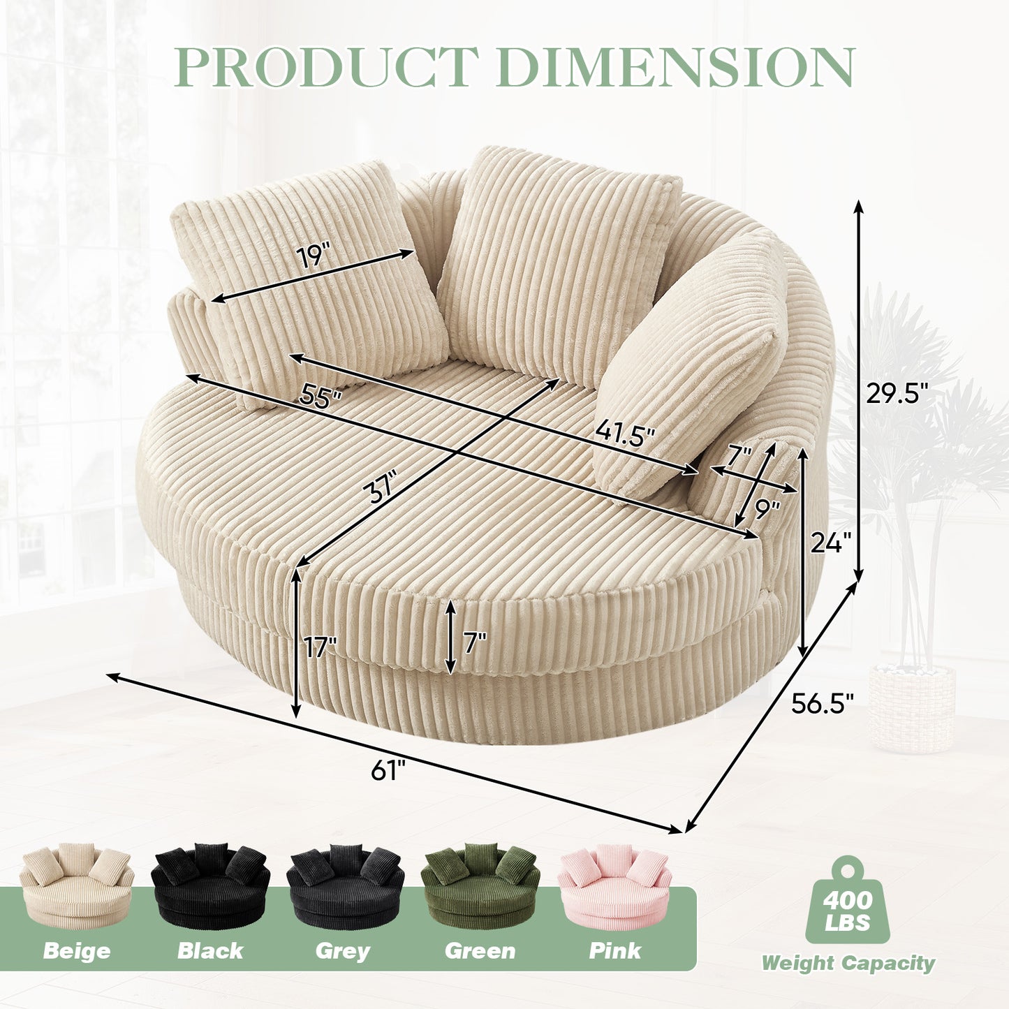Muumblus 61" Oversized Round Boneless Lounge Chaise Chair Indoor, Corduroy Deep Seat Cloud Couch Sleeper Sofa Bed with 3 Pillows, No Assembly Barrel Chair for Living Room, Beige
