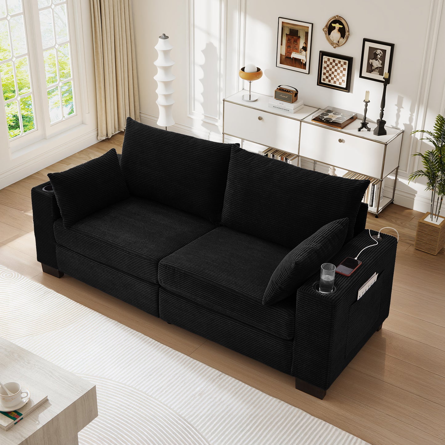 Muumblus 78"L Corduroy Sofa with USB & Cup Holders & Pockets, Deep Seat Living Room Upholstered Sofa, Black