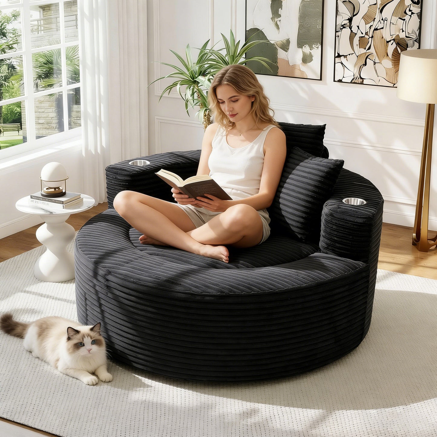 Muumblus 55" Indoor Round Chaise Lounge with Cup Holders, Oversized Boneless Accent Barrel Chair, Black Corduroy