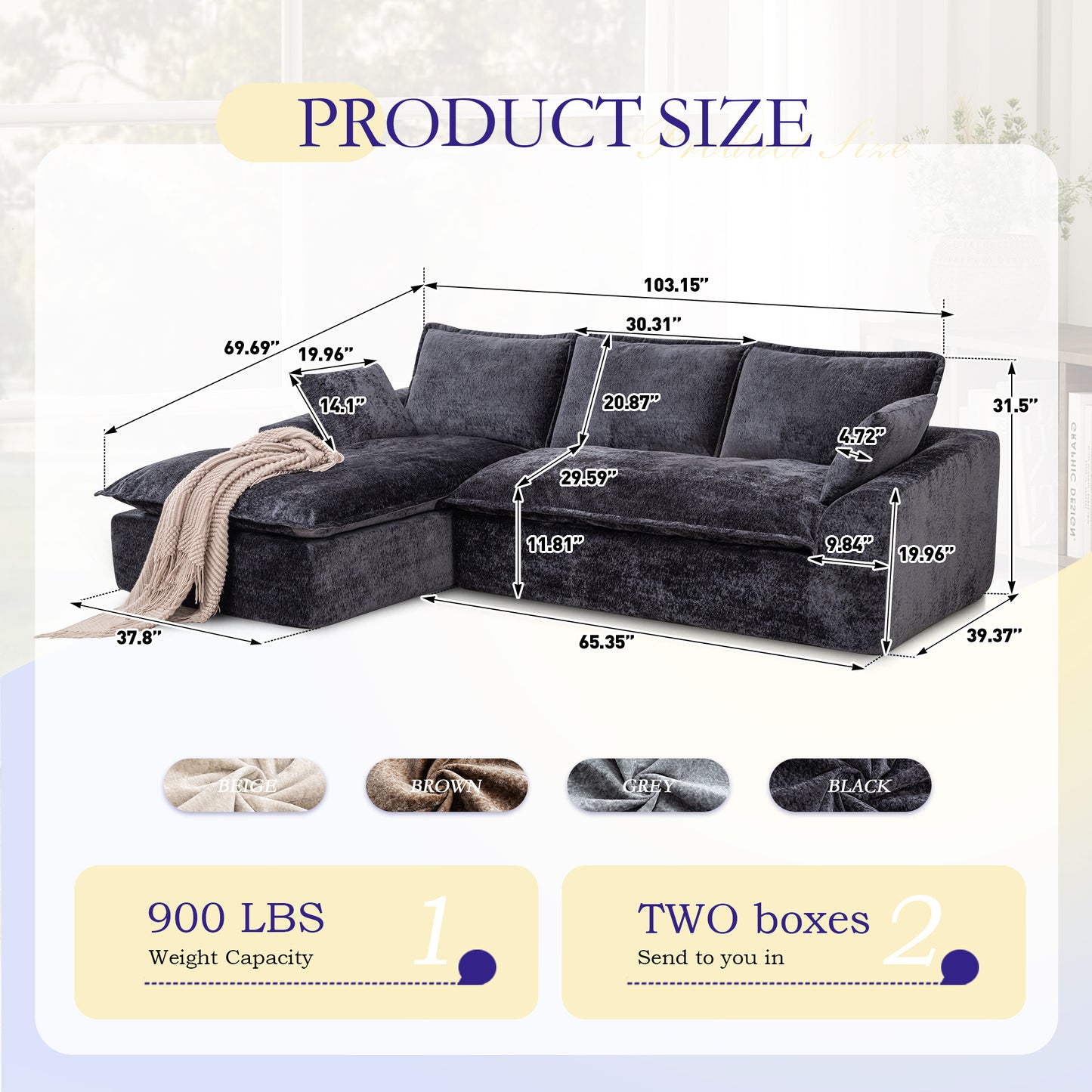 Muumblus 103" Boneless Sectional Sofa with Left Chaise, Comfy L-Shaped Modular Couch for Living Room, No Assembly Required, Black Chenille